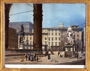 Ansicht der Loggia dei Lanzi (1576-1582) auf der Piazza della Signoria in Florenz. Anonymes Gemälde aus dem 19. Jahrhundert von Anonymous Anonymous