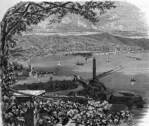 Ansicht der Stadt Genua (Genova), Italien. Gravur von 1859 in "Die Galerien Europas - Italien" von Armengaud. Private Sammlung.