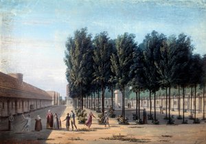 Ansicht des Hofes der Paisibles im Hospiz von Bicetre. Der Spaziergang der Geisteskranken im Krankenhaus im Jahr 1824