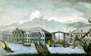 Ansicht des ehemaligen Winterpalastes an der Moika und dem Newa-Kanal in Sankt Petersburg. Gravur aus dem 18. Jahrhundert. Sankt Petersburg, Eremitage-Bibliothek