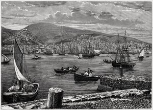 Ansicht der Insel Syra in Griechenland. Gravur in „Les Missions Catholiques au XIXème Siècle“ von Louis-Eugène Louvet. Private Sammlung. von Anonymous Anonymous