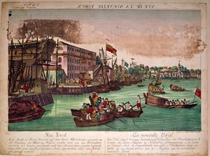 Ansicht des Hafens der Stadt New York in den Vereinigten Staaten, links eine Werft. Die Mündung des Hudson River und die Insel Manhattan (Gravur aus dem 18. Jahrhundert)