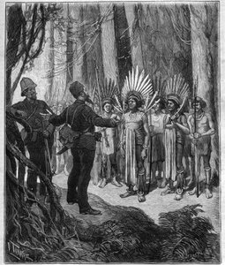 Reise von Henri Coudreau (1859-1899), Professor für Geographie und Forscher im Indianergebiet von Guyana - er wurde von Roucouyan-Chefs empfangen - Gravur in „Journal des voyages“ von 1889.