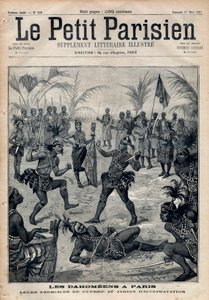 Kriegsexerzitien: Amazonen, Krieger und Feticheure aus Dahomey (heute Benin) aus dem Garten der Akklimatisation in Paris (Menschlicher Zoo). Gravur in „Le petit Parisien“ von 1891. Private Sammlung. von Anonymous Anonymous