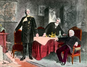 Krieg von 1870: Politisches Gespräch zwischen Kanzler Bismarck (1815-1898), Jules Favre (1809-1880) und Adolphe Thiers (1797-1877). Gravur um 1870. Private Sammlung