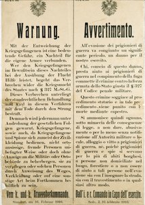 Warnung nach der Flucht italienischer Kriegsgefangener am 16. Februar 1916, die die österreichische Bevölkerung auffordert, ihnen nicht zu helfen