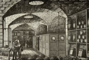Weinkeller des Schatzes der Banque de France im 19. Jahrhundert, Gravur, Private Sammlung