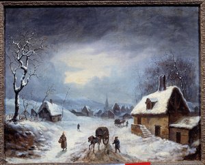 Winterlandschaft. Eine Kutsche auf einer verschneiten Straße