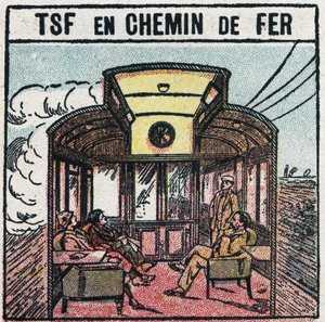 Drahtlose Telefonie: T.S.F. in einem Eisenbahnwagen. Anonyme Illustration von 1925. Private Sammlung. von Anonymous Anonymous