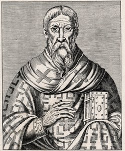 Porträt von Dionysius dem Areopagiten - Porträt von Saint Denys dem Areopagiten (1. Jahrhundert), griechischer Bischof - Gravur nach einer Illustration aus „Leben berühmter Männer“ von Thevet - In „Les Missions Catholiques au XIXème Siècle“ von Louis-Eugèn