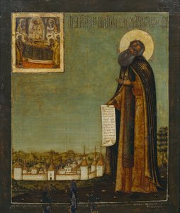 Heiliger Kyrill vom Weißen See mit Ansicht des Kirillo-Belozersky-Klosters, 18. Jahrhundert von Anonymous Russian icon painter