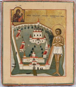 Heiliger Jakobus von Borovichi, Wundertäter von Nowgorod mit dem Valday Iversky Kloster, frühes 19. Jahrhundert von Anonymous Russian icon painter