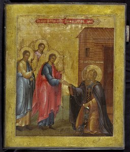 Die Erscheinung der Heiligen Dreifaltigkeit vor dem Heiligen Alexander Svirsky, 19. Jahrhundert von Anonymous Russian icon painter