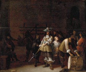 Ein Wachrauminterieur mit einem Kavalier, der sich mit einem Trommler unterhält von Anthonie Palamedesz
