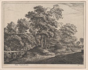 Eine Bäuerin und ihre Tochter auf einer kleinen Holzbrücke, 17. Jahrhundert von Anthonie Waterloo
