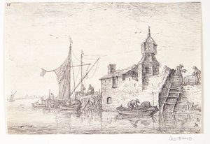 Anlegestelle mit Gebäude mit einem Turm von Anthonie Waterloo