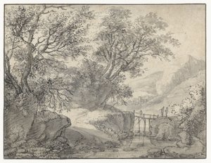 Berglandschaft mit Bäumen und einer Brücke über einen Bach von Anthonie Waterloo