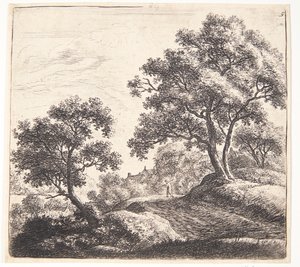 Bauer, der eine breite Landstraße überquert von Anthonie Waterloo