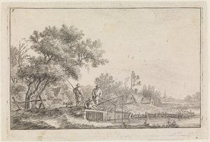 Drei Angler auf der kleinen Brücke (Nr. 7 aus einer Serie von 12 Drucken) von Anthonie Waterloo
