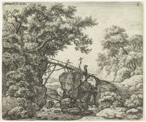 Hirte auf einer schrägen Brücke von Anthonie Waterloo
