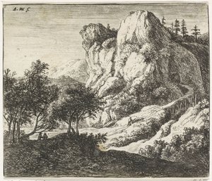 Holzbrücke bei einer Felsformation von Anthonie Waterloo