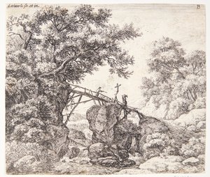 Hirte auf einer geneigten Holzbrücke von Anthonie Waterloo