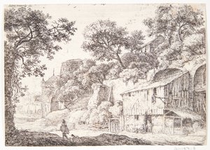 Landstraße mit Mann im Umhang und seinem Hund von Anthonie Waterloo