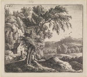 Landschaft mit Haus bei Felswand