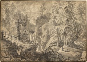 Gebirgslandschaft, Bauern auf einer Lichtung nahe einem Wasserfall (Vorderseite); Landschaftsskizze (Rückseite) von Anthonie Waterloo
