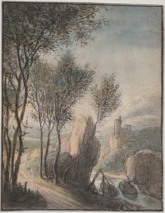 Flusslandschaft mit einem Schloss in der Ferne von Anthonie Waterloo