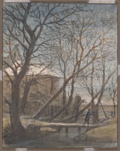 Winterlandschaft mit einem Mann, der überquert