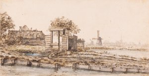 Ein Bauernhof an einem Gewässer bei einem Dorf von Anthonie van Borssom