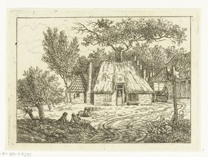 Karren neben Bauernhof mit Treppengiebel