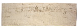 Rechte Seite: Skizze der Lagune von Valencia, la Albufera und angrenzende Küste und Landschaft Rückseite: Skizzen mehrerer Gebäude in Valencia