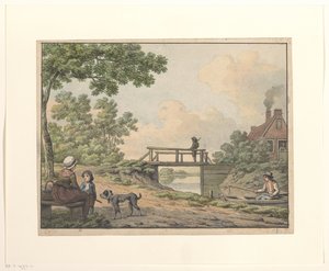 Landschaft mit Figuren und einer Brücke bei einem Bauernhaus von Anthony Andriessen