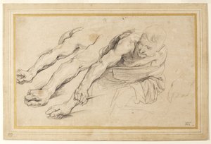 Figur eines Mannes, der sich nach vorne beugt, mit ausgestrecktem rechten Arm; drei Studien des rechten Arms und eine der linken Hand für dieselbe Figur (Kreide auf Papier) von Anthony van Dyck
