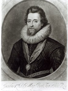 Porträt von James I (1566-1625) nach einer Miniatur von Nicholas Hilliard (1547-1619) von 1617, graviert von George Vertue von Anthony van Dyck