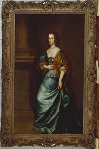 Porträt von Mary Villiers, Herzogin von Lennox und Richmond, in einem blauen Kleid und braunem Umhang bei einer Säule von Anthony van Dyck