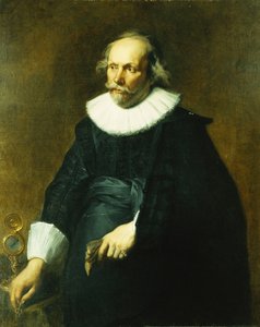Porträt eines Gentlemans, Dreiviertellänge, in schwarzem Kostüm mit weißem Kragen und Manschetten, an einem Tisch mit einer Uhr von Anthony van Dyck