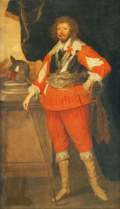 Porträt eines Adligen, angeblich Henry Rich, 1. Earl of Holland, in voller Länge, mit Brustpanzer, Schärpe und Schwert, seine Hand auf einem Stock ruhend, ein Helm auf einem Sockel, vor einer drapierten Kolonnade stehend von Anthony van Dyck