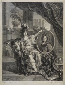 Ludwig XIV., König von Frankreich, Beschützer der Wissenschaften - Gravur von Antoine Coypel Geschichte der Königlichen Akademie der Wissenschaften, Jahr 1703 von Antoine (after) Coypel