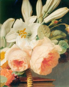 Blumenstrauß aus Lilien und Rosen in einem Korb auf einer Chiffonniere (Detail) von Antoine Berjon