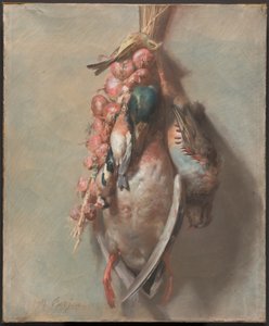 Jagdtrophäe mit Stockente, Rebhuhn, Stieglitzen und Zwiebeln von Antoine Berjon