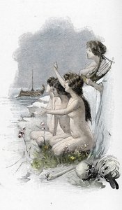 Odyssee von Homer: Gesang XII: Odysseus und die Sirenen, die ein bezauberndes Lied sangen, das normalerweise vorbeifahrende Seeleute dazu brachte, auf die Felsen zu steuern, nur um sie zu treffen und zu sinken Illustration von Antoine Calbet (1860-1944) fü von Antoine Calbet