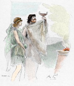 Odyssee von Homer: Peisistratos, Sohn von Nestor, bietet Telemachus in Pylos einen Becher Wein an (Illustration von Antoine Calbet für „Die Odyssee“)