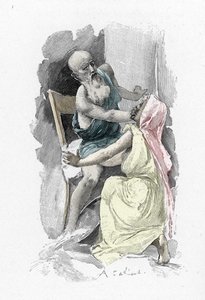 Odyssee von Homer: Gesang 19 „Odysseus, verkleidet als Bettler, schwört Eurykleia, die ihn erkannt hat, zur Geheimhaltung“ Illustration von Antoine Calbet