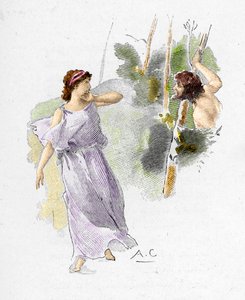 Odyssee von Homer: Nausikaa, Tochter von König Alkinoos, sieht Odysseus nackt und hungrig und bittet sie um Hilfe. Illustration von Antoine Calbet