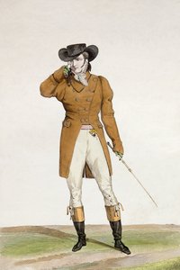 Ein Dandy in einem bootförmigen Hut, einer dunfarbenen Jacke und Reithosen, Platte 1 aus der Serie 