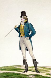 Ein Dandy in einem Robinson-Hut, mit kindlichen Locken, gestrickten Hosen und Reitstiefeln, Tafel 5 in der Serie Incroyable et merveilleuse