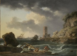 Felsige Küstenlandschaft mit Schiffswrack, 1746